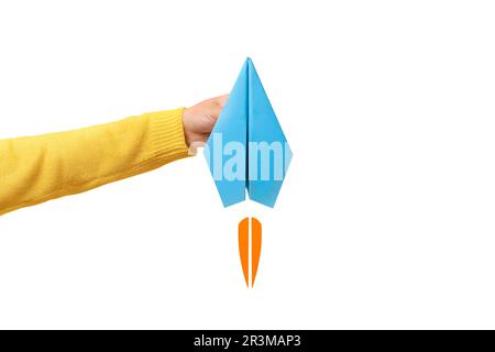 hand holding paper plane isolated on white background Stock Photo