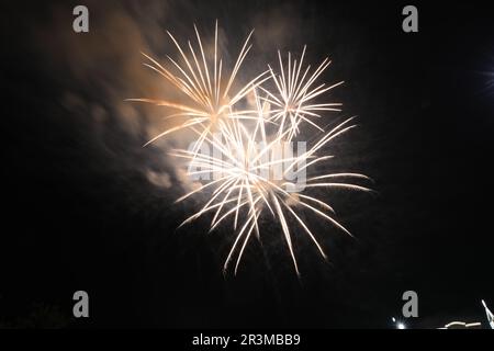 Beautiful fireworks lighting up night sky outdoors Stock Photo