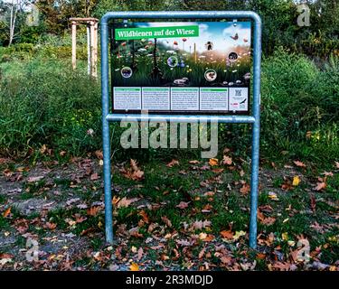 Wild Bee Information Board at Schäfersee Reinickendorf, Berlin. The circular lake is remnant of the last Ice Age created when block of dead ice melted Stock Photo