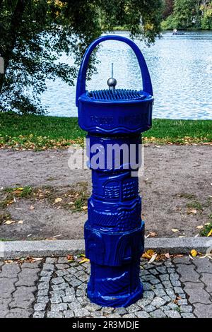 Blue drinking Fountain at Schäfersee Reinickendorf, Berlin. The circular lake is a remnant of the last Ice Age, Stock Photo