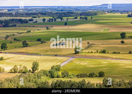 Crossroad on a country road in a rural landscape view Stock Photo