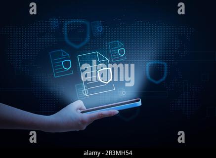 Hand holding smartphone, document icons with personal data protection Secure global information exchange on the internet Stock Photo