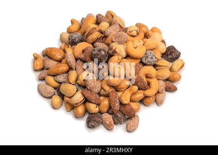 Mix of tasty salty nuts.  A group of almonds, pistachios, walnuts, macadamia, cashews. Stock Photo