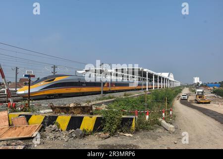 Bandung, Indonesia. 24th May, 2023. A bullet train bound for Jakarta station is seen during a trials at the Tegalluar station in Bandung, West Java, Indonesia on May 24, 2023. PT Kereta Api Indonesia China (KCIC) conducted a Hot Sliding Test on The CIT train from Tegalluar Station, Bandung Regency to Halim Jakarta Station, has an average maximum speed of 180 kilometers per hour. (Photo by Dimas Rachmatsyah/INA Photo Agency/Sipa USA) Credit: Sipa USA/Alamy Live News Stock Photo