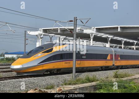 Bandung, Indonesia. 24th May, 2023. A bullet train bound for Jakarta station is seen during a trials at the Tegalluar station in Bandung, West Java, Indonesia on May 24, 2023. PT Kereta Api Indonesia China (KCIC) conducted a Hot Sliding Test on The CIT train from Tegalluar Station, Bandung Regency to Halim Jakarta Station, has an average maximum speed of 180 kilometers per hour. (Photo by Dimas Rachmatsyah/INA Photo Agency/Sipa USA) Credit: Sipa USA/Alamy Live News Stock Photo