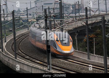 Bandung, Indonesia. 24th May, 2023. A bullet train bound for Jakarta station is seen during a trials at the Tegalluar station in Bandung, West Java, Indonesia on May 24, 2023. PT Kereta Api Indonesia China (KCIC) conducted a Hot Sliding Test on The CIT train from Tegalluar Station, Bandung Regency to Halim Jakarta Station, has an average maximum speed of 180 kilometers per hour. (Photo by Dimas Rachmatsyah/INA Photo Agency/Sipa USA) Credit: Sipa USA/Alamy Live News Stock Photo