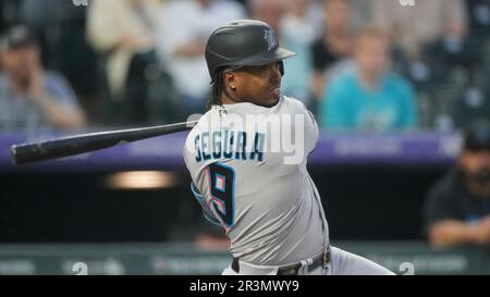 Miami Marlins third baseman Jean Segura (9) prepares for the game against  the Colorado Rockies. The Rockies defeated the Marlins 7-6 in Denver.  (Margaret Bowles via AP Images Stock Photo - Alamy