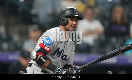 Miami Marlins second baseman Luis Arraez warms up before a baseball ...