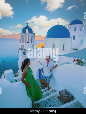 Santorini Greece, young couple on luxury vacation at the Island of Santorini Stock Photo