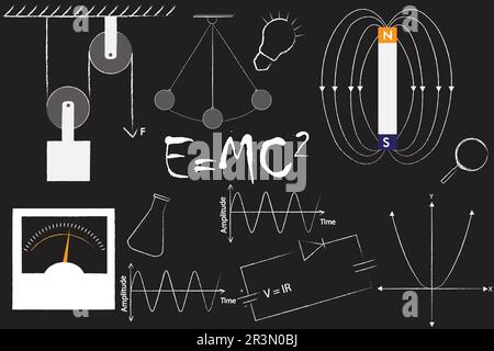 physic background showing pully , circuit , electromagnetism ,  sin wave , circuit , light bulb on a black background Stock Vector