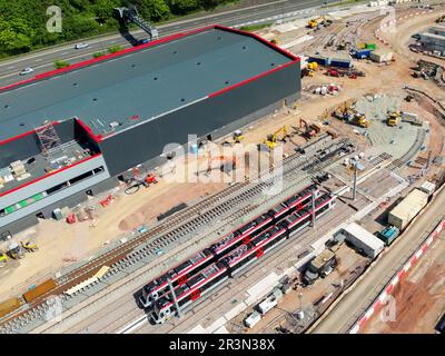 Taffs Well, Cardiff, Wales - May 2023: Aerial view of the new train depot being constructed for Transport for Wales on the outskirts of Cardiff Stock Photo