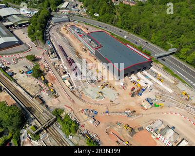 Taffs Well, Cardiff, Wales - May 2023: Aerial view of the new train depot being constructed for Transport for Wales on the outskirts of Cardiff Stock Photo