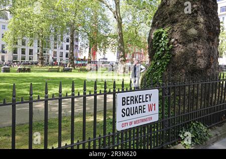 Berkeley Square in London's wealthy Mayfair district. Shows street sign on park fence. Stock Photo