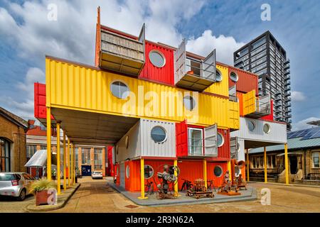 London Trinity Buoy Wharf Leamouth Peninsular Orchard Place the very colourful studios of Container City Stock Photo