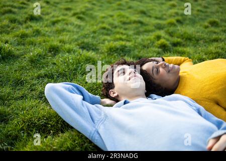 From above smiling multiracial young male and female friends lying on green grass with hand behind head in park and looking up in daylight Stock Photo
