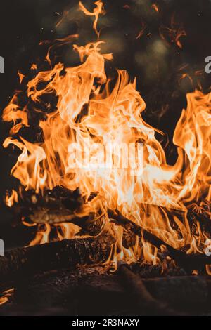 Bonfire with big orange wood flames burning on a dark night Stock Photo