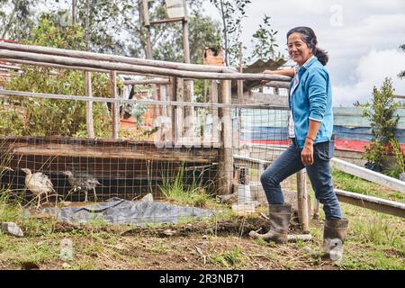 Side view of positive mature Latin American female farmer with dark hair in casual clothes smiling and looking at camera while standing near cage with Stock Photo