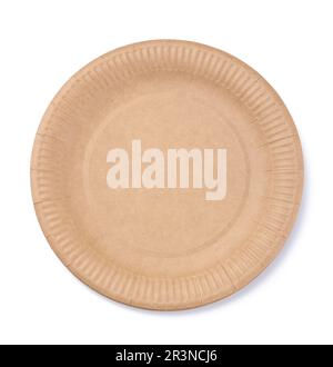 Empty brown disposable cardboard plate for food on a white isolated background Stock Photo