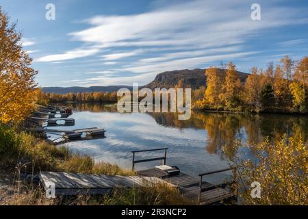 Riverdelta between Tarraälven and Kamajokk in Kvikkjokk at late autumn in Swedish lapland Stock Photo