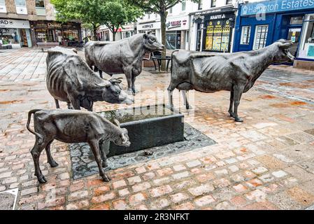 'La Vaque dé Jèrri' , a wonderful sculpture of the famous Jersey Cows, given pride of place at West's Centre, St Helier. Stock Photo