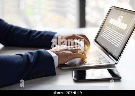 Hands of businessman typing on computer keyboard, collage Stock Photo