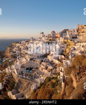 Oia town aerial panoramic view. Oia is located on Santorini island ...
