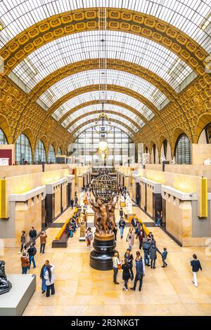 PARIS, FRANCE - APRIL 15, 2023: Main hall of Orsay Museum, French: Musee d Orsay, in former train station building, Paris, France. Stock Photo