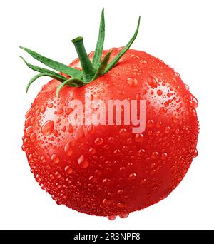 Wet red tomatoes isolated on white background with clipping path. Fresh tomato with drops. Full Depth of Field Stock Photo