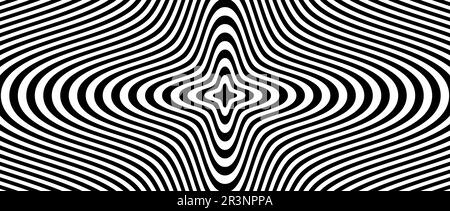 Optical illusion background. Black and white abstract distorted concentric lines surface. Poster design. Radial torsion spiral illusion wallpaper. Vector art illustration Stock Vector