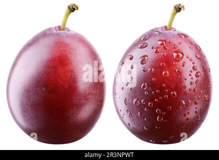 Red plum with drops and without isolated on white background with clipping path. Full depth of field. Stock Photo