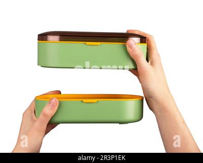 Hands holding modern double lunch boxes. Lunchbox containers closed with lids, isolated on white. Stock Photo