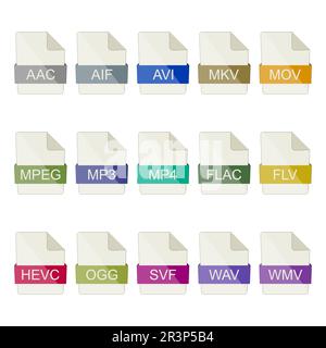 File type icons. Set of video and audio icons on a white background. Stock Vector