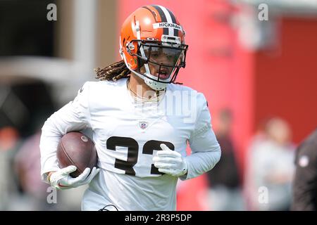 Cleveland Browns safety Ronnie Hickman Jr. (33) celebrates an interception  with teammates during the first half of an NFL preseason football game  against the Philadelphia Eagles on Thursday, Aug. 17, 2023, in