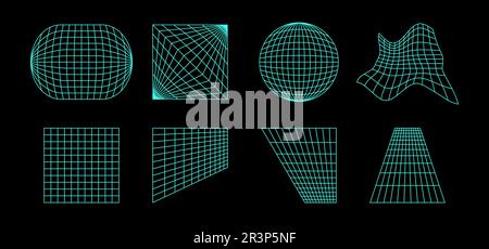Neon wireframe elements collection. Geometric surface grid of different shape. Distorted perspective planes and object set. Vector geometric bundle for posters, flyers, collages, templates. Stock Vector
