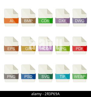 File type icons. Icons of graphic editors and images on a white background. Stock Vector