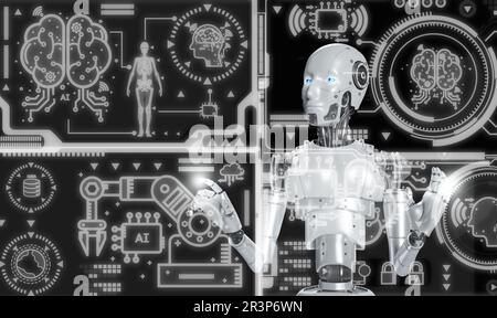AI, Artificial Intelligence concept. Deep learning, and Machine learning. The robot decides which part of the virtual screen to learn by itself. Stock Photo