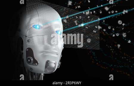 A cyborg head AI looks through a set of binary codes and learns human languages. Deep and machine learning of Artificial Intelligence technology. Stock Photo