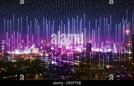 A city covered by binary code with cellular signal everywhere sending into the network. Wireless network and Connection technology concept Stock Photo