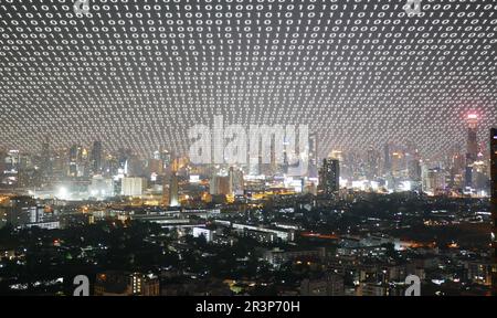 A city covered by binary code. Wireless network and Connection technology concept Stock Photo