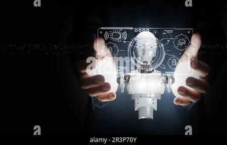 Hands of a businessman use or hold a learning artificial intelligence. AI technology, Deep and Machine learning concepts. Stock Photo