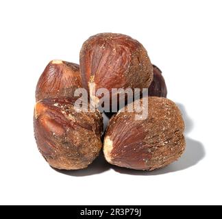 Peeled hazelnuts on a white isolated background Stock Photo