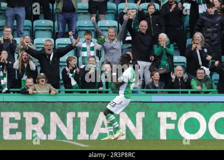 Hibernian's Elie Youan celebrates scoring their side's first goal of the game during the cinch Premiership match at Easter Road, Edinburgh. Picture date: Wednesday May 24, 2023. Stock Photo