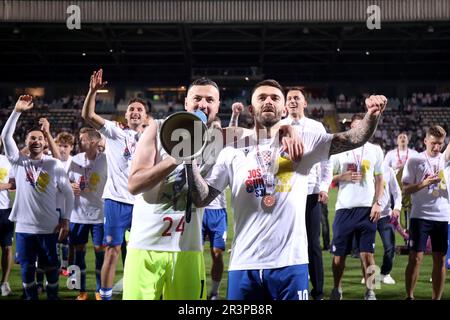 Rijeka, Croatia. 24th May, 2023. Players of Hajduk Split celebrate with the  trophy after the victory against Sibenik in their SuperSport Croatian  Football Cup final match at HNK Rijeka Stadium in Rijeka