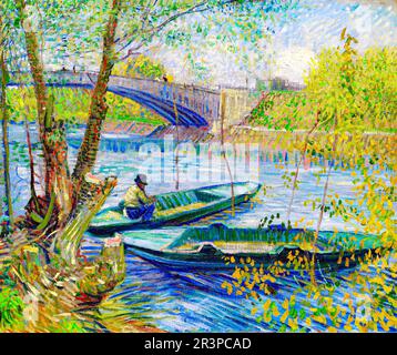 Fishing in Spring, the Pont de Clichy  by Vincent Van Gogh. Original from the Art Institute of Chicago. Stock Photo