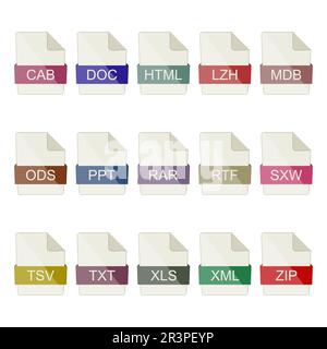 File type icons. Icons of documents and archives on a white background. Stock Vector