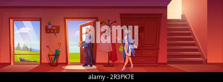 Couple leave home in open door in hallway with meadow landscape. Hanger and wardrobe in apartment hall near stairs. Man exit house and smiling. Shelf with plant in lobby background illustration Stock Vector