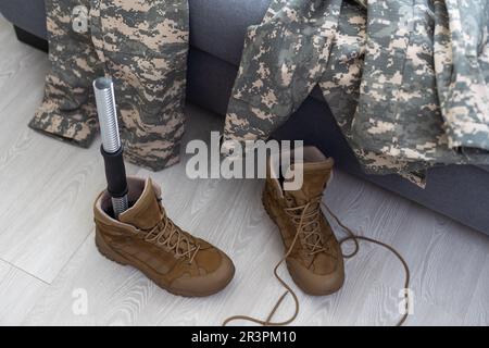 Soldier Artificial Prosthetic leg. War Stock Photo