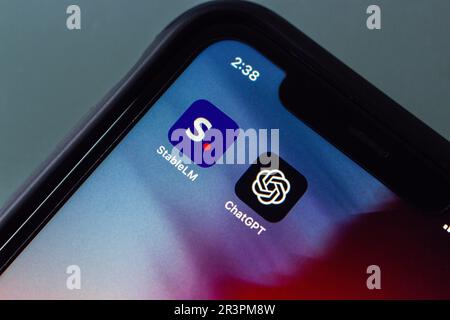 Vancouver, CANADA - May 21 2023 : Closeup icons StableLM and ChatGPT seen in an iPhone screen. Stock Photo