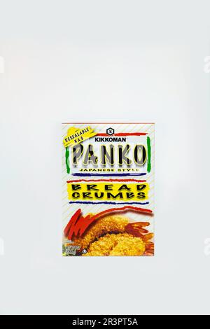 Box or package of Kikkoman Japanese style Panko Bread Crumbs often used in recipes. Cutout. USA. Stock Photo
