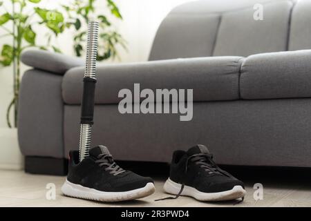 High angle background of disassembled prosthetic leg and foot on table in orthopedic equipment shop, disability concept Stock Photo